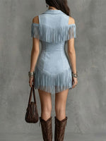 Suede-look Off-shoulder Mini Dress Featuring A Fold-over Collar, Half-zip, Fringe Detailing, And A Fitted, Waist-cinching Silhouette