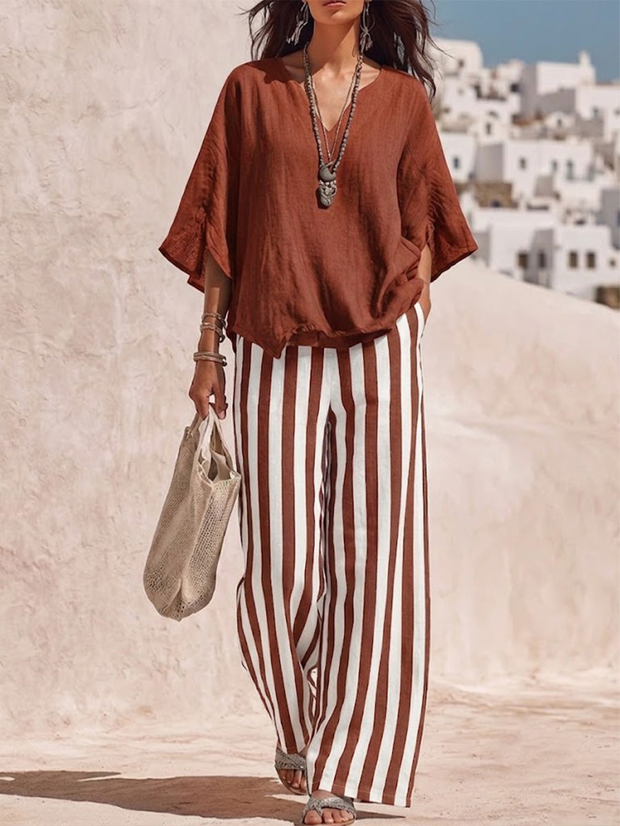 Mediterranean Resort Textured Linen Solid V-neck Flare Sleeve Top Contrast Vertical Stripe Flow Wide Leg Co-ord Set