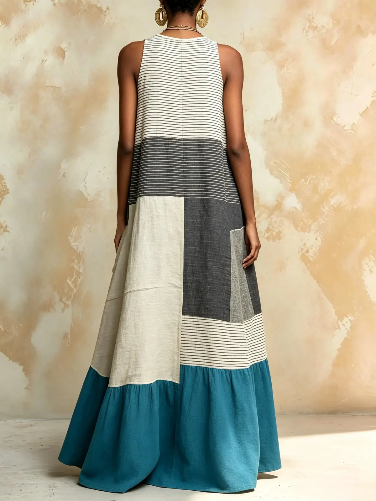 Women's Striped Color Block Patchwork Sleeveless V Neck Maxi Dress