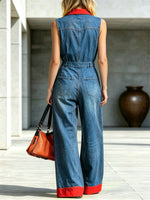 Womens Red Contrast Trim Sleeveless Denim Wide Leg Jumpsuit