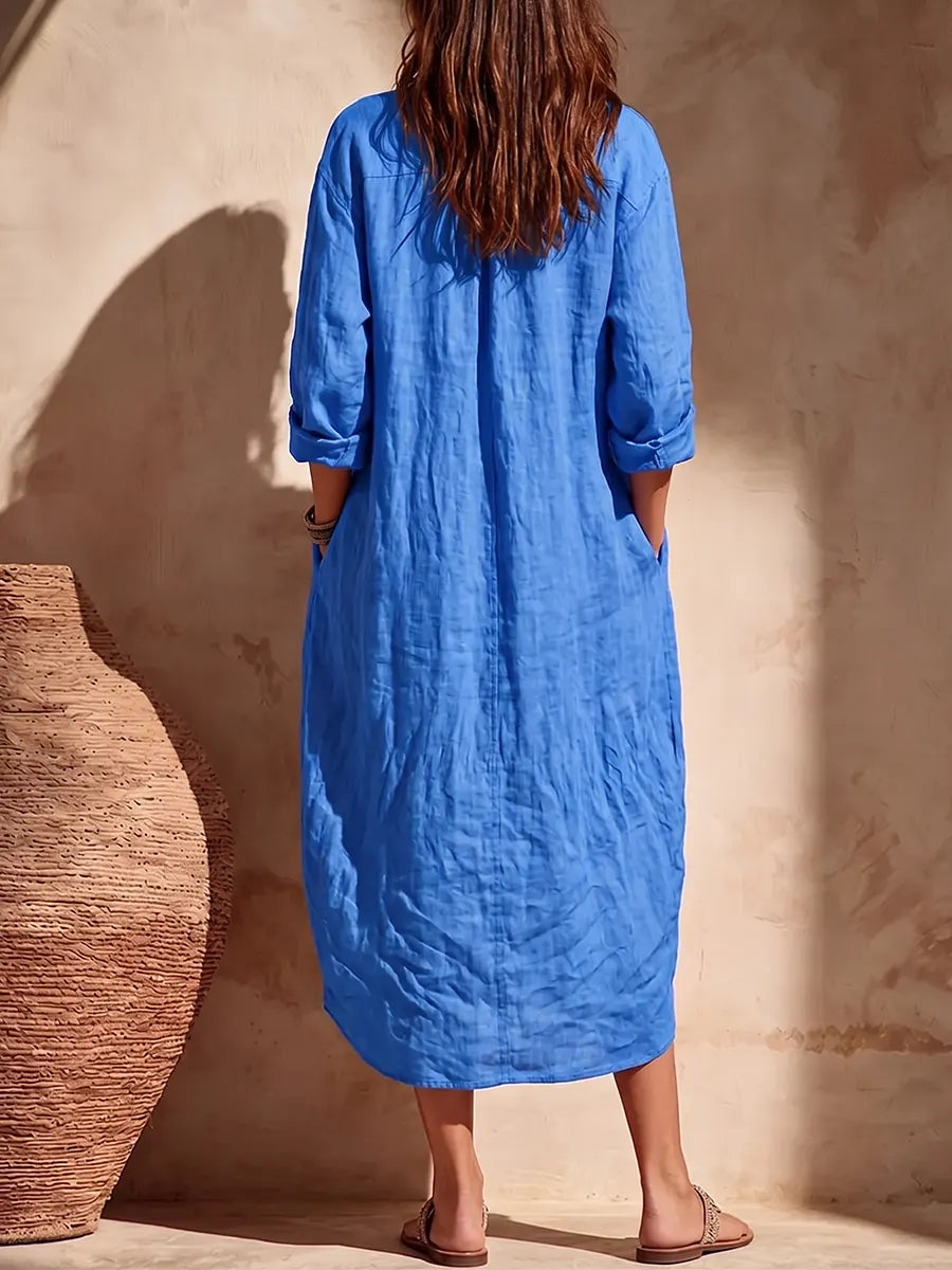 Effortless Asymmetrical Placket Button-down Linen Tunic Dress