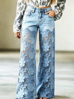 Womens High Waist Floral Lace Spliced Wide Leg Denim Jeans