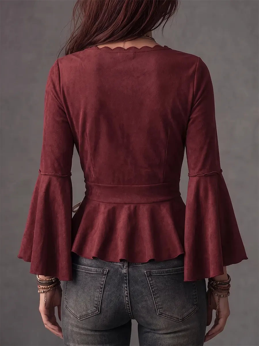 Romantic Faux Suede Lace-Up Bell Sleeve Top