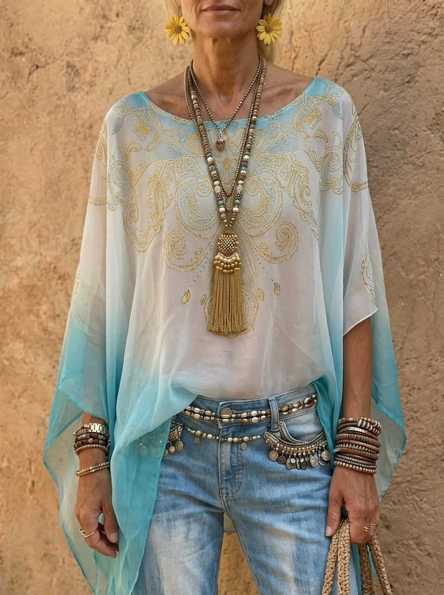 Women's Boho Ombre Batwing Sleeve Sheer Top