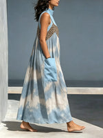 Women Tie Dye Gradient Leopard Print Patchwork Mock Neck Spaghetti Strap Loose Maxi Dress