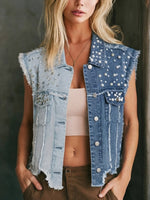 Loose-fit Sleeveless Denim Vest Featuring A Raw-edge Fold-over Collar, Contrasting Light And Dark Tones, And Bead Embellishments—ideal For Layering