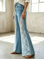 Women's Solid Floral Lace Spliced Denim Flare Pants