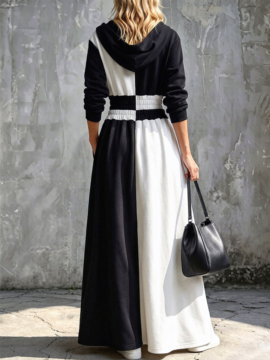 Color Block Hooded Loose Art Casual Long Sleeve Cotton Long Dress