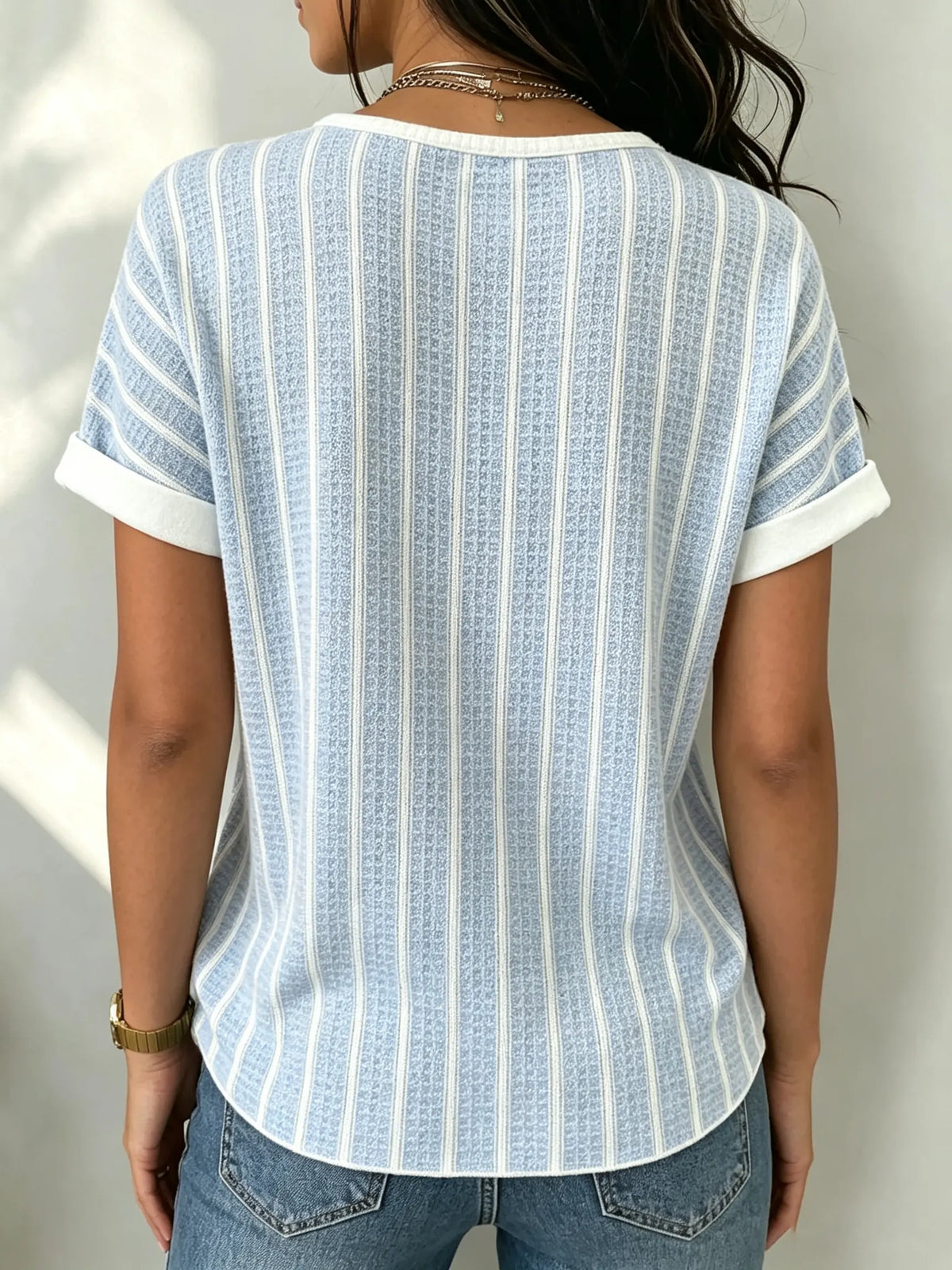 Women's Striped Waffle Knit Henley Top