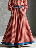 Retro Stripe Hooded Loose Art Casual 3/4 Sleeve Cotton Linen Long Dress