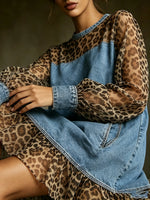 Women's Leopard Mesh Panel Denim Tunic Dress