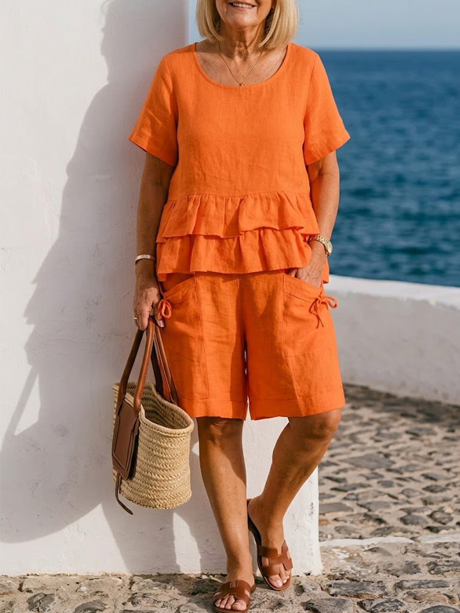 Loose-fitting Cotton-linen Two-piece Set (short-sleeved Top And Shorts)—suitable For Lounging At Home Or Casual Outings