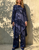 Women's Satin Two-piece Set, Featuring An Asymmetrical Shawl-sleeved Long Top And Wide-leg Trousers.