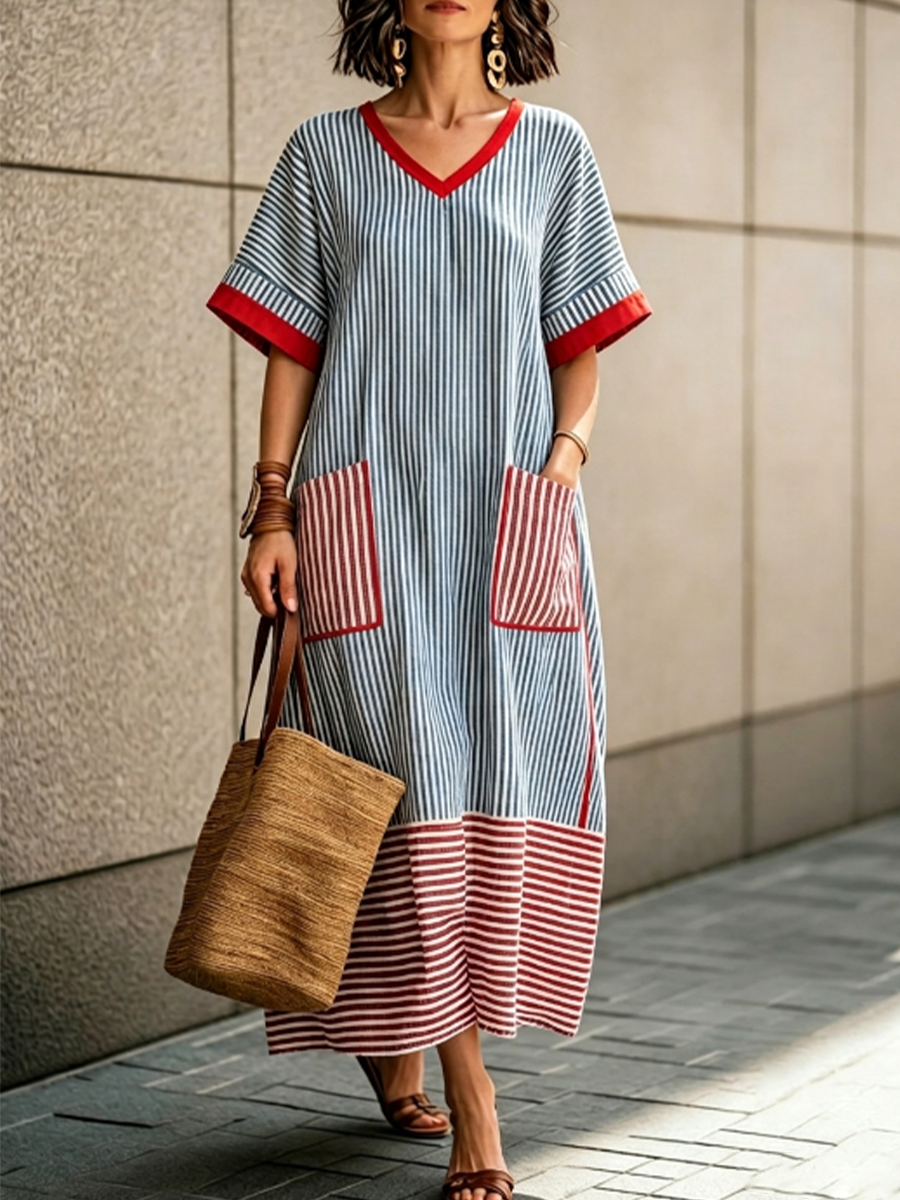 Casual Resort Multi-stripe Red Binding V-neck Loose Cover-up Dual Patch Pocket Ankle Linen Dress