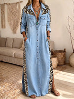 Chic Leopard Paneled Button-Down Denim Maxi Dress