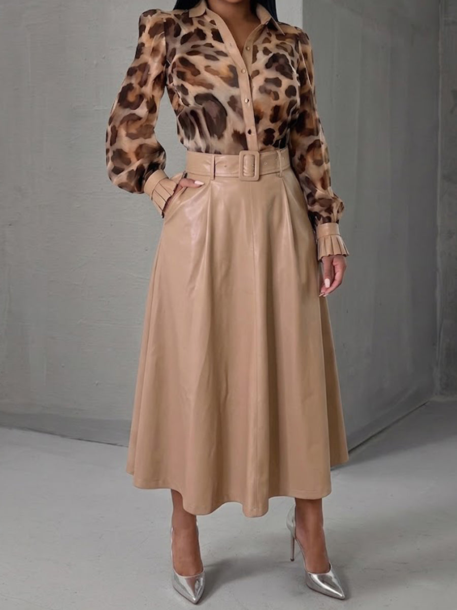 Stylish And Minimalist Eco-leather Midi Skirt With Belt
