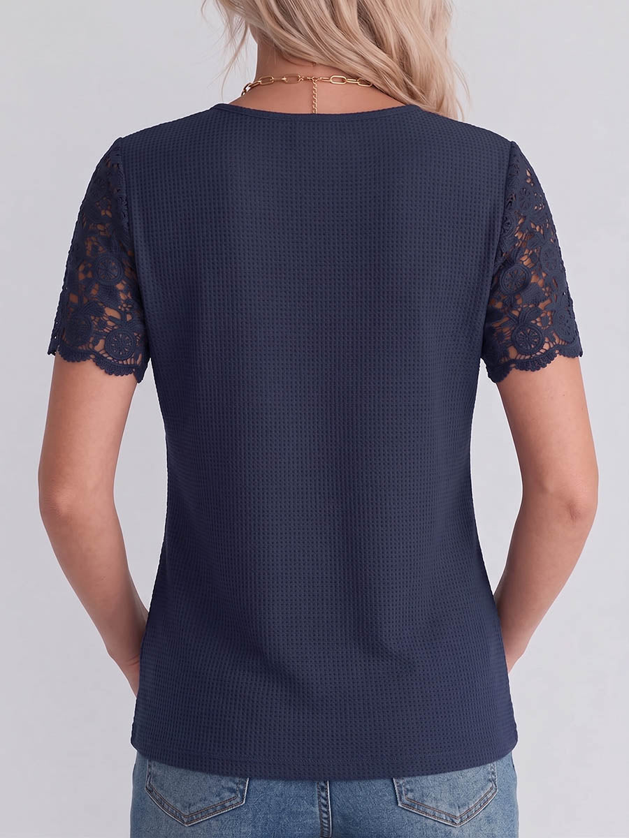 Women's Solid Color V-neck Waffle-knit Pullover With Lace Embroidery Panel – Casual Loose Fit