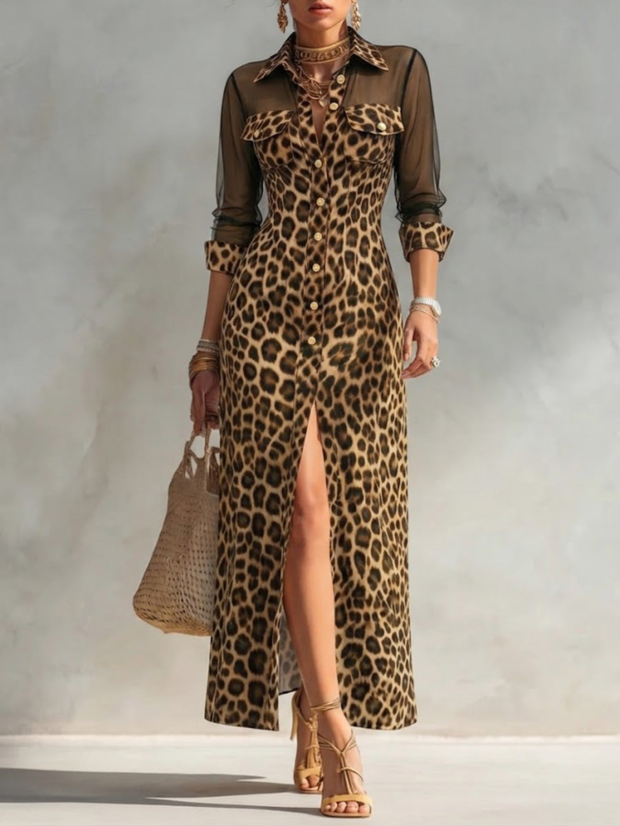 Retro-style Women's Casual Dress Featuring Leopard Print, Mesh Paneling, And A Side Slit
