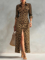Retro-style Women's Casual Dress Featuring Leopard Print, Mesh Paneling, And A Side Slit