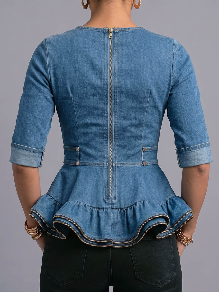 Women's Casual Loose-fit Denim Top With Round Neck And 3/4 Sleeves