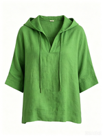 Relaxed Forest Green Hooded Cotton-linen Top