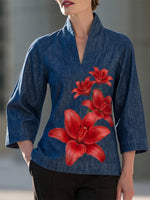 Elegant Floral Print Denim-Style V-Neck Tunic Top