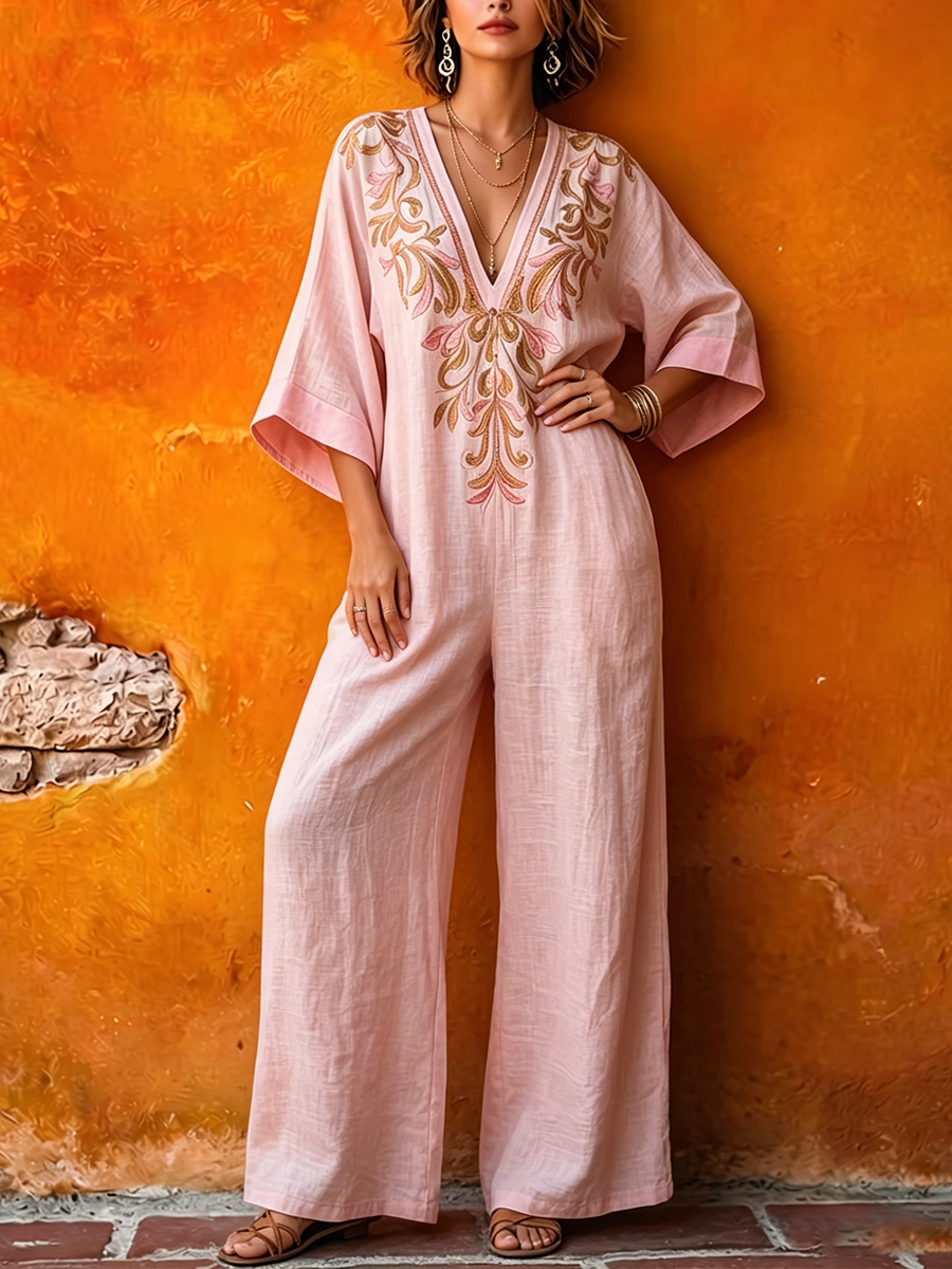 Bohemian V-neck Floral Cotton-linen Jumpsuit