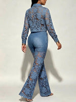 Stylish Casual Two-piece Set Featuring A Denim Shirt With Lace Detailing And Matching Trousers.