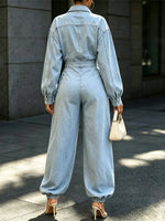 Fashion Denim Lapel Casual Loose Long Sleeve Pockets Jumpsuit