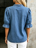 Ruffle Hollow Floral Denim Loose Art Casual Short Sleeve Shirt