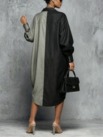 Women’s Two-Tone Color Block Drawstring Slit Oversized Shirt Midi Dress