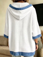 Casual Waffle Knit & Denim Trim Hooded Pullover