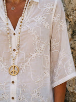 Women's Floral Embroidery Eyelet Half Sleeve Cotton Linen Shirt Blouse