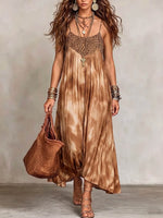 Women's Casual Loose-fit Cotton-linen Camisole Dress With Leopard And Tie-dye Print Paneling