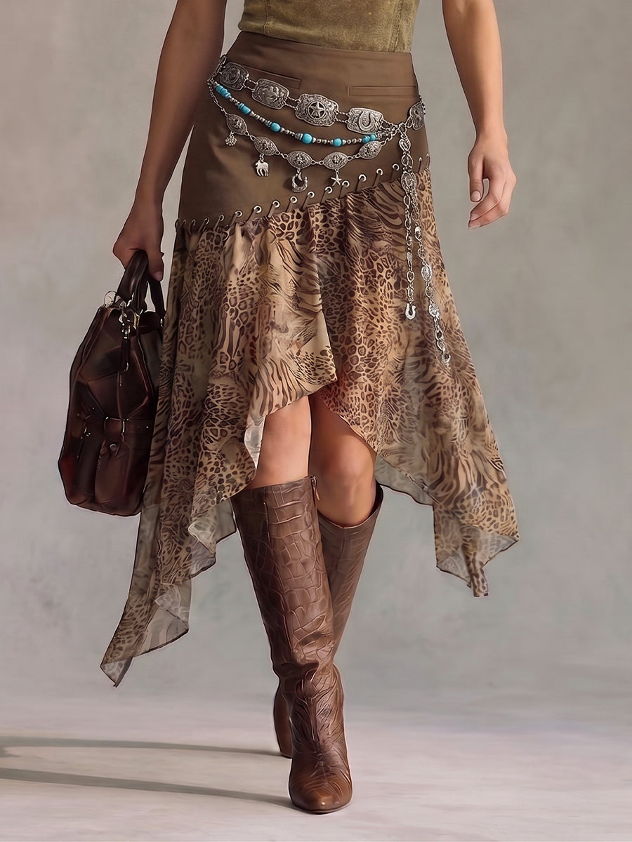 Stylish Casual Cotton Midi Skirt With Leopard-print Paneling And Asymmetrical Hem