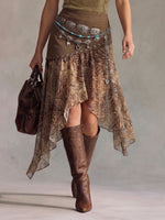 Stylish Casual Cotton Midi Skirt With Leopard-print Paneling And Asymmetrical Hem