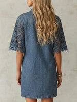 Washed Denim Stand Collar Half Placket Dual Chest Patch Pockets Cutwork Floral Scallop 5/4 Sleeve Loose Mini Shirt Dress