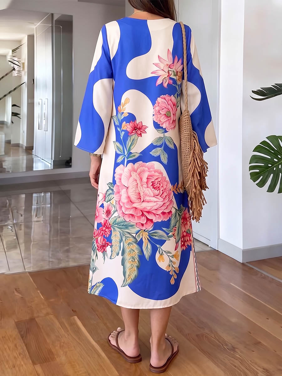 Women's Abstract Print V-neck Long-sleeve Casual Loose Cotton-linen Dress