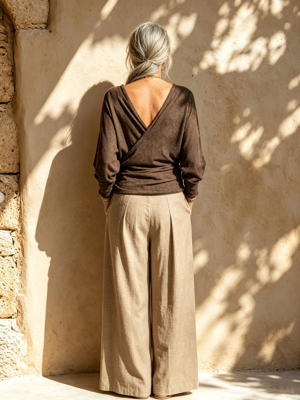 Womens Wrap Knit Top & Linen Wide Leg Pants Two Piece Outfit Set