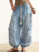 Women's Drawstring Balloon Jeans with Lace Panels