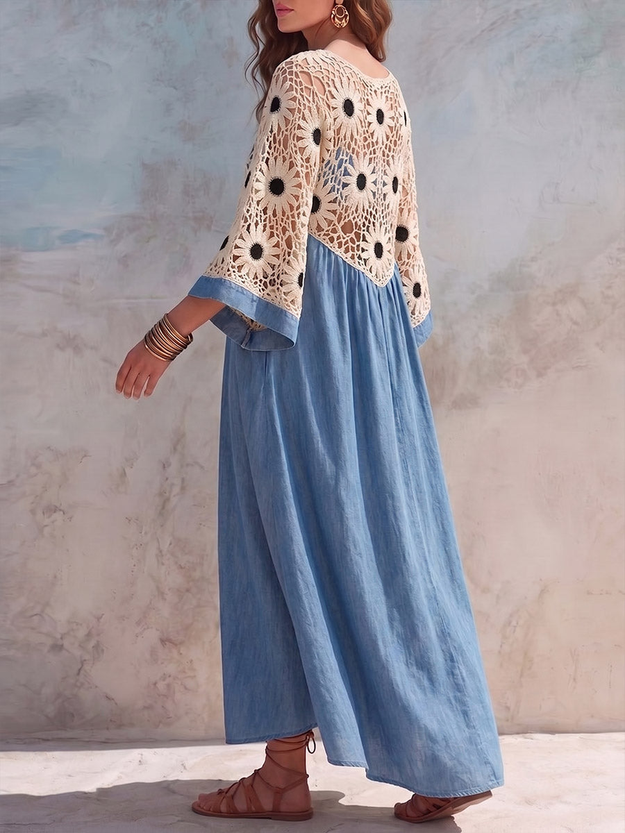 Vintage Elegant Denim Cut-Out Crochet Patchwork Dress