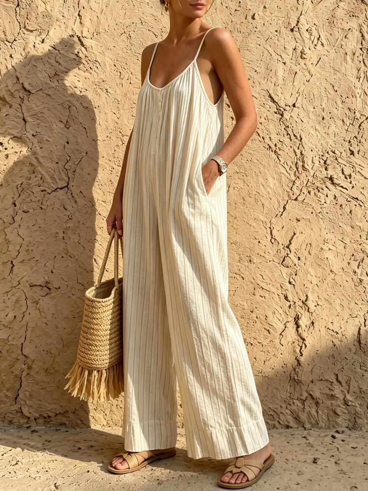 Women's Striped Spaghetti Strap Wide-Leg Jumpsuit