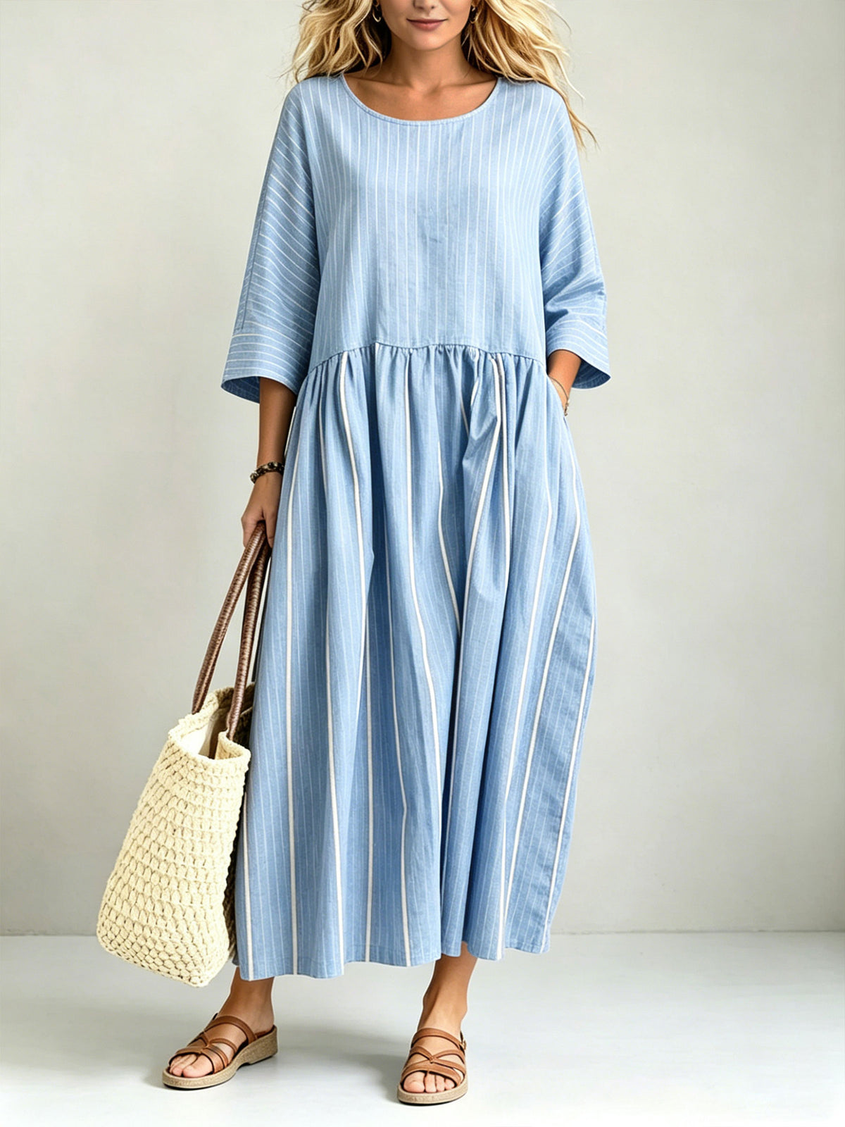 Women's Vertical Stripe Linen Blend 3/4 Sleeve Gathered Loose Midi Dress With Pockets