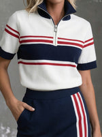 Womens Quarter Zip Striped Short Sleeve Top & Pocket Skirt Sporty Two Piece Set