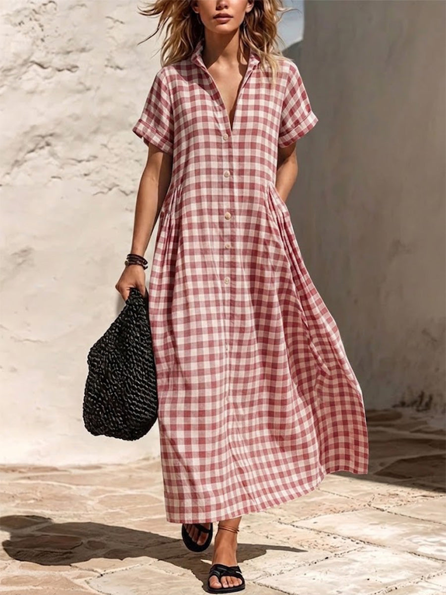 Loose And Comfortable Plaid Cotton-linen Shirt Dress