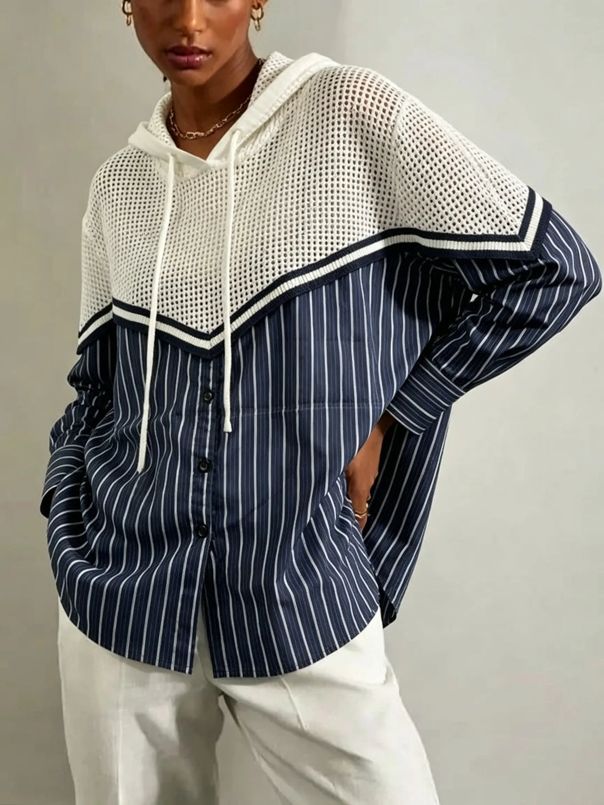 Women's Solid Hollow Out Vertical Stripe Patchwork Hooded Shirt