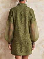 Retro-casual Leopard Print Dress Featuring A Mock Neck, Half-zip, Chiffon Paneling, And Flattering Lantern Sleeves