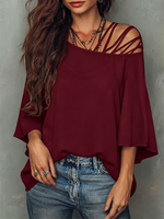 Loose-fit Top Featuring A Spliced asymmetrical Neckline, Abstract Line-art Face Graphic, Dropped Shoulders, And Flared Mid-length Sleeves