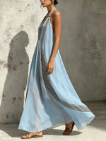 Women Contrast Vertical Stripe Patchwork Halter Flowy Maxi Dress