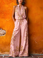 Boho Floral Print Sleeveless Cotton-linen Jumpsuit